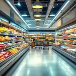 A photograph of a well-lit grocery store aisle showcasing various sections such as produce