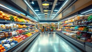A photograph of a well-lit grocery store aisle showcasing various sections such as produce