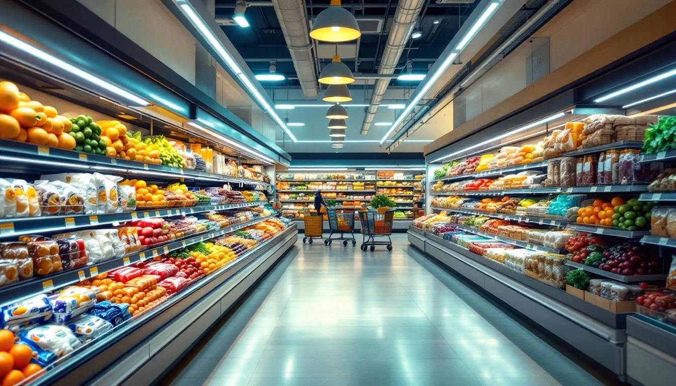 A photograph of a well-lit grocery store aisle showcasing various sections such as produce