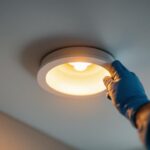 A photograph of a close-up view of a modern recessed light fixture being installed in a ceiling