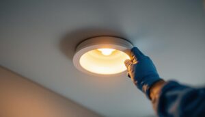 A photograph of a close-up view of a modern recessed light fixture being installed in a ceiling