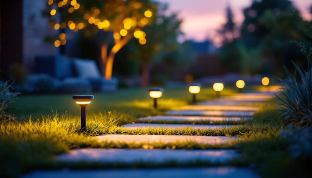 A photograph of a beautifully lit outdoor setting featuring solar-powered puck lights illuminating a pathway or garden area at dusk