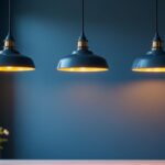 A photograph of a beautifully designed kitchen or dining area featuring three stylish pendant lights hanging above a table