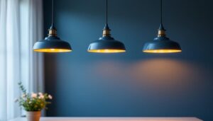 A photograph of a beautifully designed kitchen or dining area featuring three stylish pendant lights hanging above a table