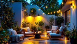 A photograph of a beautifully illuminated outdoor space featuring affordable lighting solutions