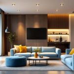 A photograph of a modern residential or commercial space showcasing recessed eyeball can lights in various settings