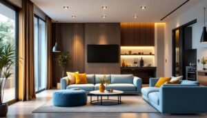 A photograph of a modern residential or commercial space showcasing recessed eyeball can lights in various settings