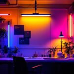 A photograph of a well-lit workspace featuring various colored fluorescent lights in action