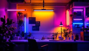 A photograph of a well-lit workspace featuring various colored fluorescent lights in action