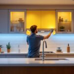 A photograph of a lighting contractor expertly installing sleek