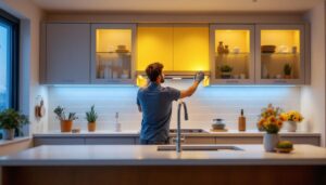 A photograph of a lighting contractor expertly installing sleek