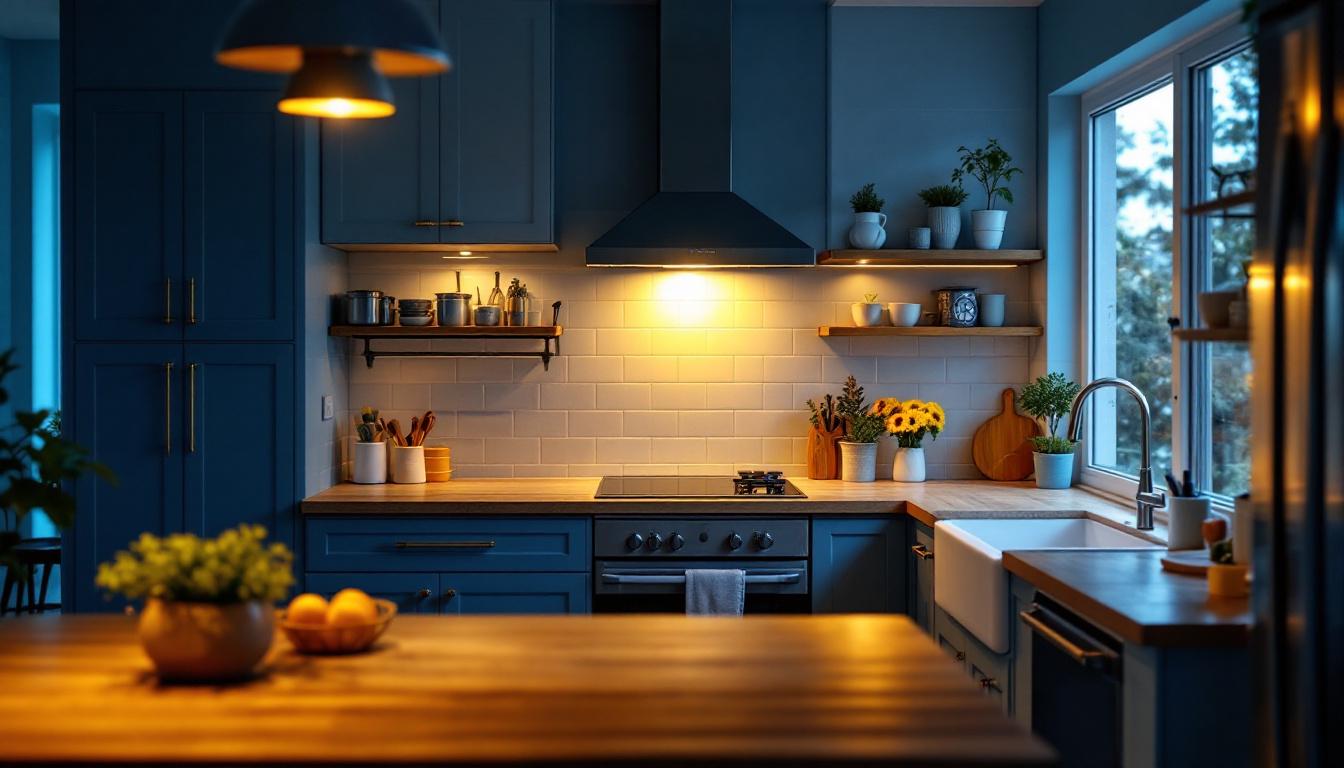 A photograph of a well-lit kitchen featuring low voltage under counter lights