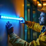 A photograph of a lighting contractor installing a vibrant strip led lamp in a modern interior setting