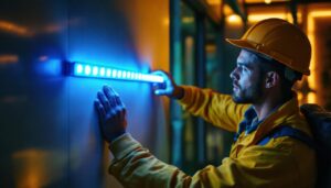 A photograph of a lighting contractor installing a vibrant strip led lamp in a modern interior setting