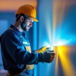 A photograph of a skilled lighting contractor installing vibrant led strip lights in a modern home setting