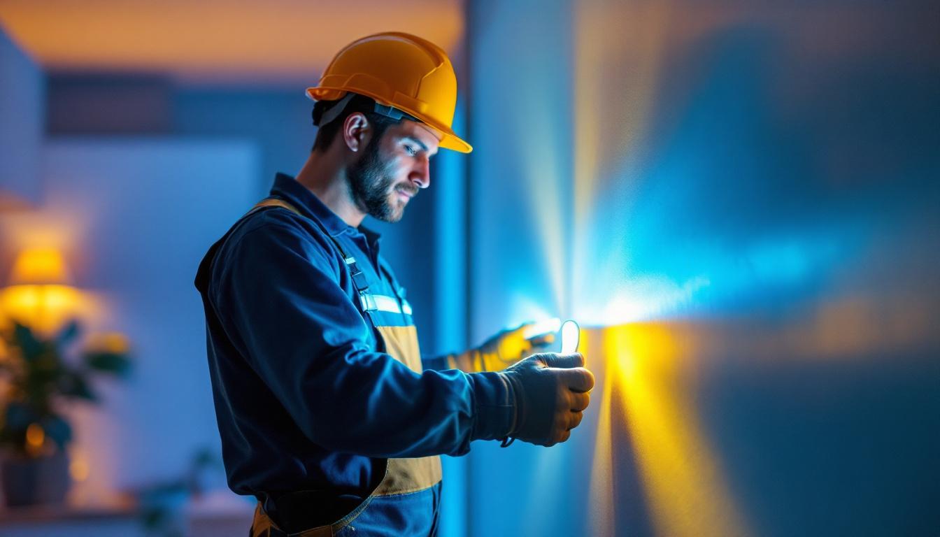A photograph of a skilled lighting contractor installing vibrant led strip lights in a modern home setting