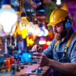 A photograph of a skilled lighting contractor meticulously inspecting a variety of vibrant sign light bulbs in a well-organized workshop
