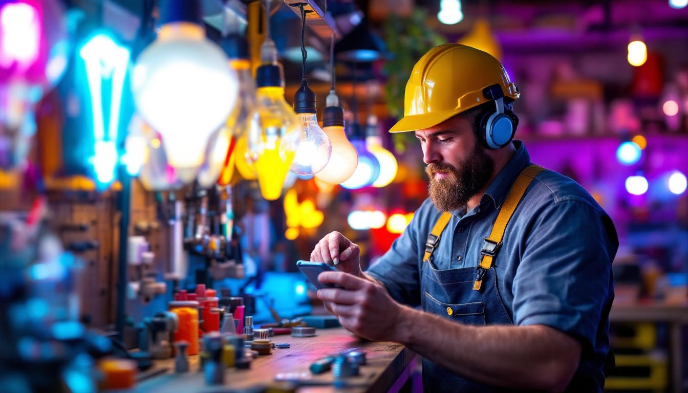 A photograph of a skilled lighting contractor meticulously inspecting a variety of vibrant sign light bulbs in a well-organized workshop