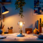 A photograph of a beautifully arranged workspace featuring the light bulb long prominently displayed alongside various lighting design tools
