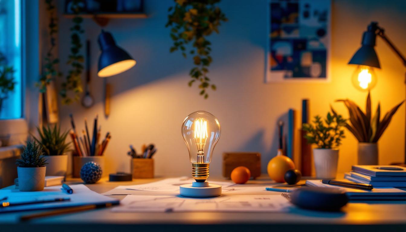 A photograph of a beautifully arranged workspace featuring the light bulb long prominently displayed alongside various lighting design tools