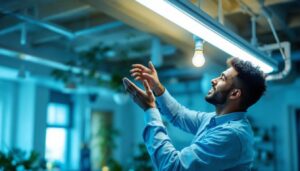 A photograph of a person confidently installing a fluorescent light bulb in a well-lit space