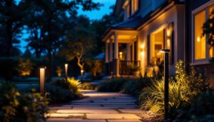 A photograph of a beautifully illuminated outdoor space featuring stylish led post lights