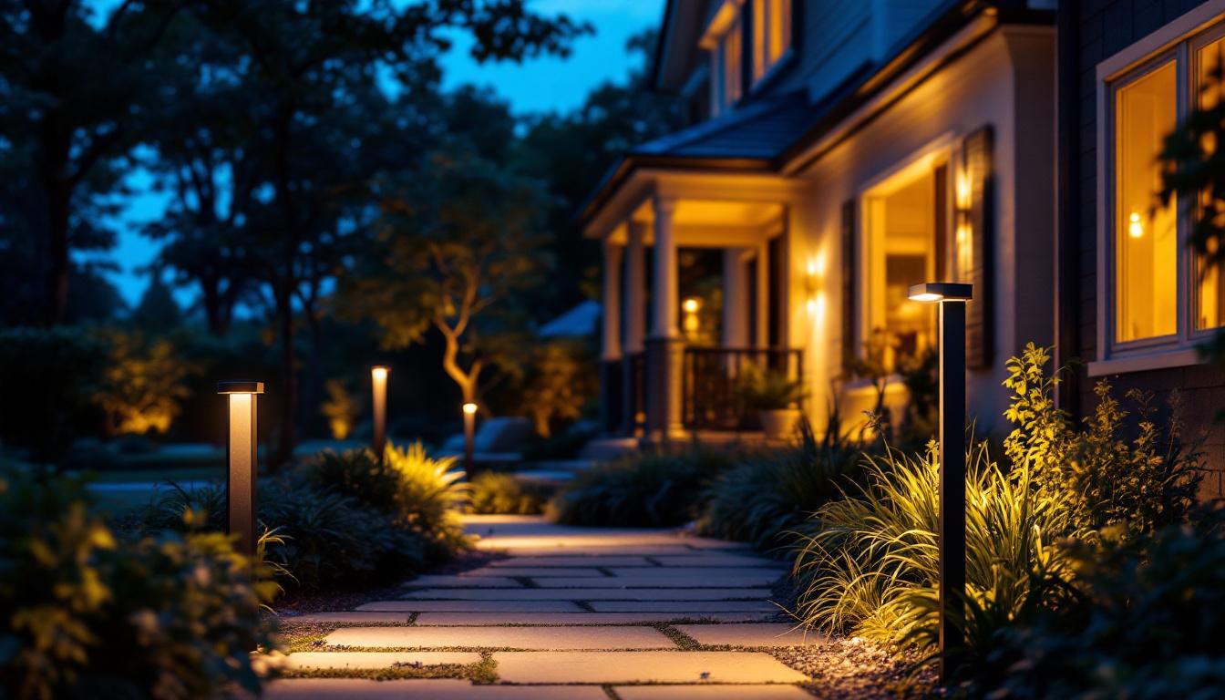 A photograph of a beautifully illuminated outdoor space featuring stylish led post lights