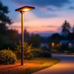 A photograph of a beautifully illuminated solar light post in a residential or commercial outdoor setting during twilight
