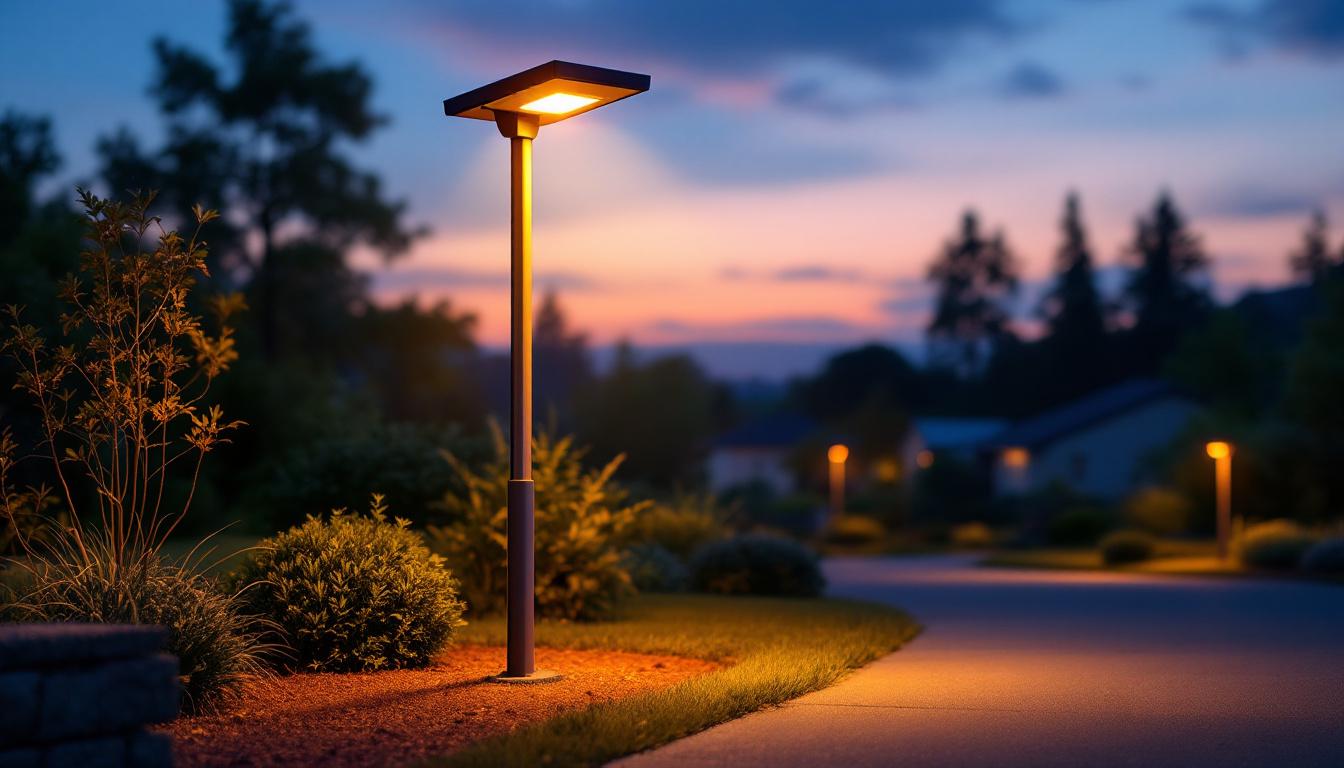 A photograph of a beautifully illuminated solar light post in a residential or commercial outdoor setting during twilight