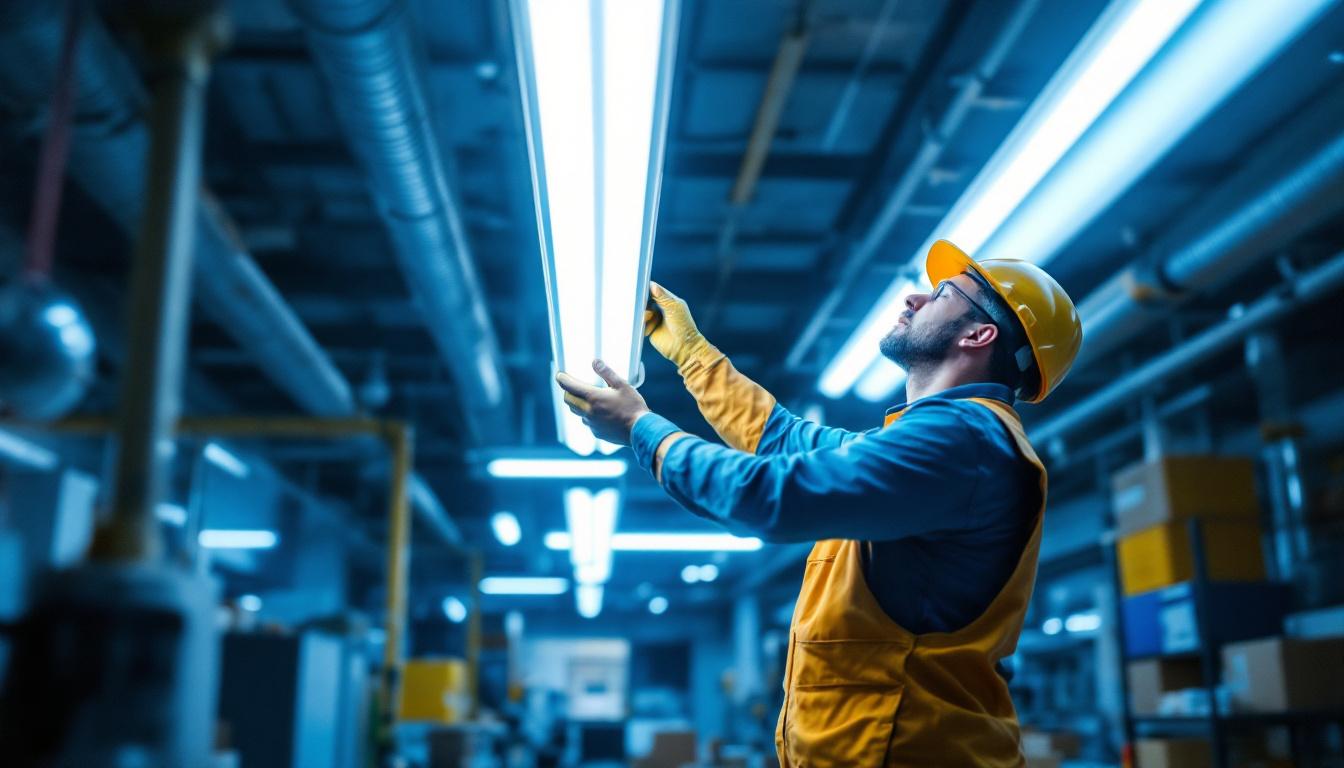 A photograph of a well-lit workspace featuring a lighting contractor installing or inspecting 8-foot fluorescent lamps