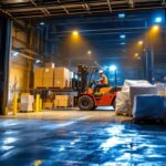 A photograph of a well-lit warehouse dock area showcasing bright