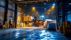 A photograph of a well-lit warehouse dock area showcasing bright