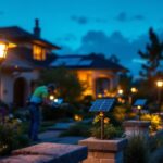 A photograph of a skilled lighting contractor installing solar lights in a beautifully landscaped outdoor setting