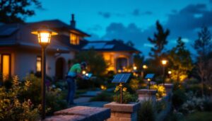 A photograph of a skilled lighting contractor installing solar lights in a beautifully landscaped outdoor setting