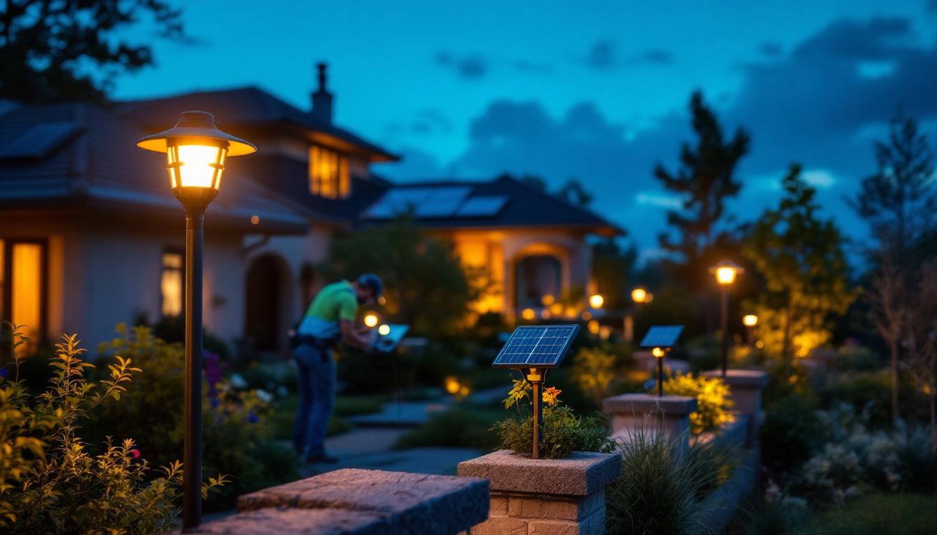 A photograph of a skilled lighting contractor installing solar lights in a beautifully landscaped outdoor setting