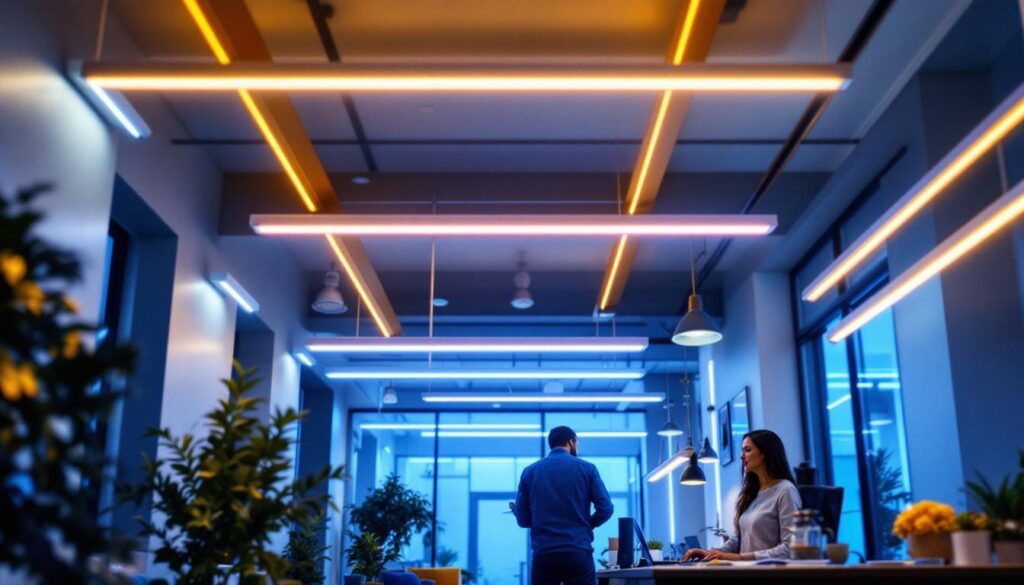 A photograph of a well-lit interior space showcasing various linear lighting fixtures in use