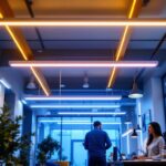 A photograph of a well-lit interior space showcasing various linear lighting fixtures in use