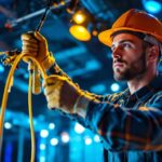 A photograph of a skilled lighting contractor in action