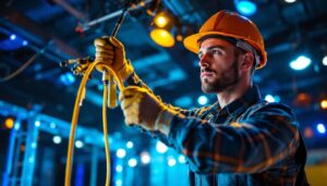 A photograph of a skilled lighting contractor in action