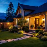 A photograph of a lighting contractor skillfully installing affordable outdoor lighting fixtures in a beautifully landscaped backyard