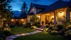 A photograph of a lighting contractor skillfully installing affordable outdoor lighting fixtures in a beautifully landscaped backyard