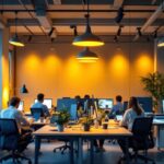 A photograph of a well-lit modern office space featuring a mix of natural and artificial lighting