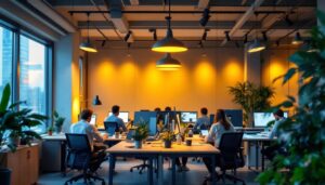 A photograph of a well-lit modern office space featuring a mix of natural and artificial lighting