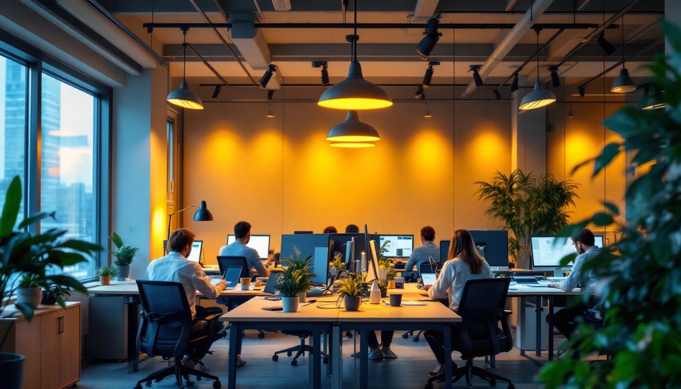 A photograph of a well-lit modern office space featuring a mix of natural and artificial lighting
