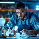 A photograph of a lighting contractor examining various sylvania lamps in a well-lit workspace