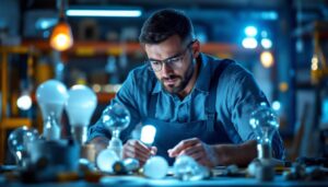 A photograph of a lighting contractor examining various sylvania lamps in a well-lit workspace