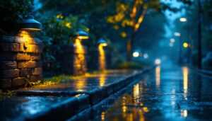 A photograph of a well-lit outdoor setting featuring waterproof can lights installed in various locations