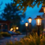 A photograph of capture a photograph of a beautifully lit outdoor space at dusk