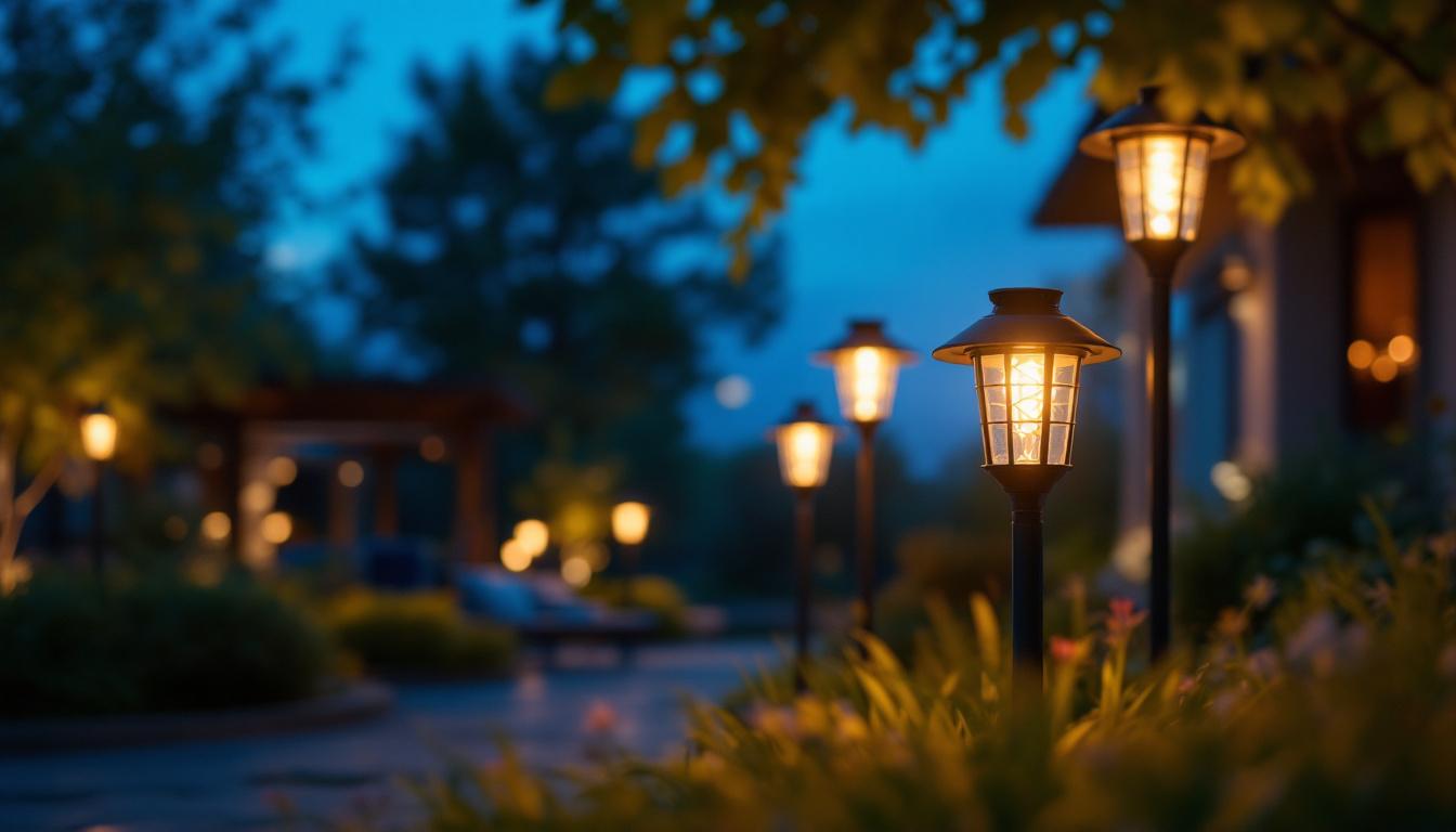 A photograph of capture a photograph of a beautifully lit outdoor space at dusk
