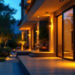 A photograph of a beautifully illuminated outdoor space featuring high-end lighting fixtures
